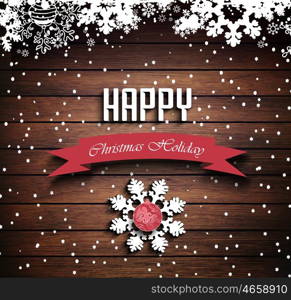 Wooden Christmas Holiday Winter Background With Shadows, Balls, Snowflakes And Text