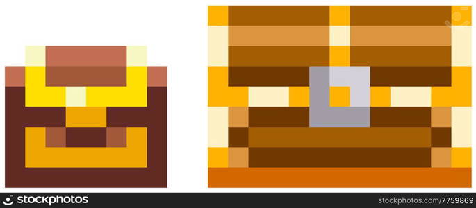 Wooden closed chest for pixel-game design. Pixel art icon. Video game 8-bit sprite. Pirate chest cartoon pixelated secret reward box design icon game element for mobile app isolated on white. Wooden closed chest for pixel-game design. Pixel art icon. Pirate chest pixelated secret reward box