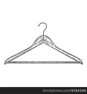 Wooden coat hanger in vintage engraved style. Sketch of coat hanger. Front view. Isolated on white background. Vector illustration. Wooden coat hanger in vintage engraved style. Sketch of coat hanger.