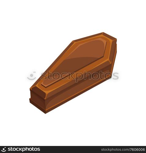 Wooden coffin isolated burial casket. Vector box in which corpse buried cremated. Oak burial casket, wooden coffin to bury corpse