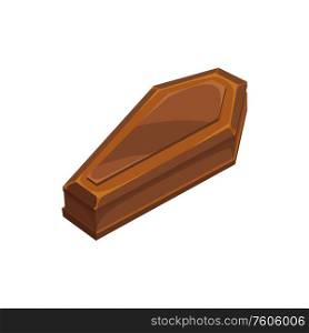 Wooden coffin isolated burial casket. Vector box in which corpse buried cremated. Oak burial casket, wooden coffin to bury corpse