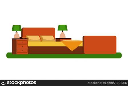 Wooden comfortable bed between cubic bedside tables with l&s. Furniture for bedroom on soft green carpet isolated cartoon flat vector illustration.. Wooden Bed between Cubic Bedside Tables with L&s