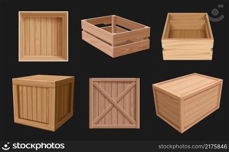 Wooden containers. 3d boxes for fragile empty packages various views cargo shipping wooden containers vector realistic collection. Wood container shipment, merchandise cargo parcel illustration. Wooden containers. 3d boxes for fragile products empty packages various views cargo shipping wooden containers decent vector realistic pictures collection