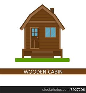Wooden cottage icon. Vector illustration of a wooden house. Cute cabin isolated on white background. Country house in flat style