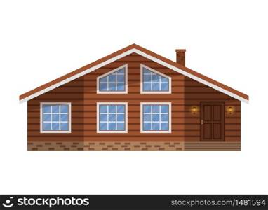 Wooden country brown house, cottage, chalet, villa, isolated on white background. Vector flat illustration.
