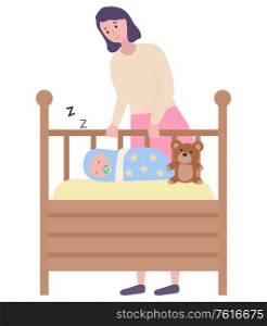 Wooden crib with baby in it vector, isolated mother with kid sleeping in cradle. Pillow and plush toy, nursery with furniture, bed for children and woman. Cradle with Sleeping Baby and Mother Looking at It