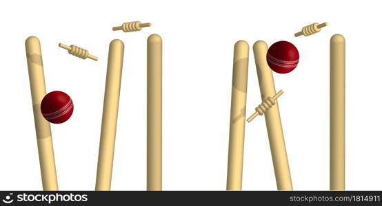 wooden cricket goal breaks red ball. Wicket with upper crossbars scatters to sides from athlete precise throw. Isolated 3D vector