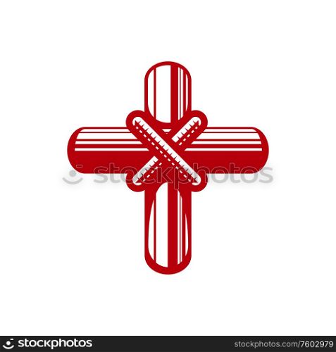 Wooden cross tied with thread isolated holy symbol. Vector christian faith sign, catholic religion. Red cross tied by thread religion symbol