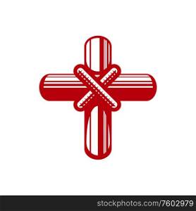 Wooden cross tied with thread isolated holy symbol. Vector christian faith sign, catholic religion. Red cross tied by thread religion symbol