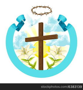 Wooden cross with thorns, lily and dove. Happy Easter concept illustration or greeting card. Religious symbols of faith. Wooden cross with thorns, lily and dove. Happy Easter concept illustration or greeting card. Religious symbols of faith.