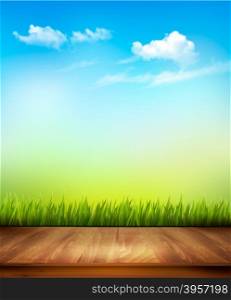 Wooden deck in front of green grass and blue sky background. Vector