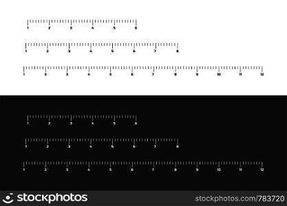Wooden different size rulers 6, 8 and 12 inch long isolated on white and black background. Vector stock illustration.