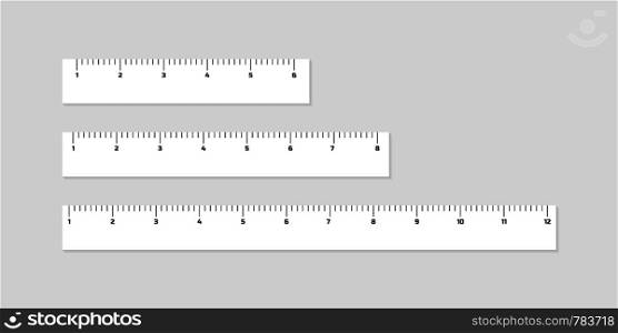 Wooden different size rulers 6, 8 and 12 inch long isolated on white background. Vector stock illustration.
