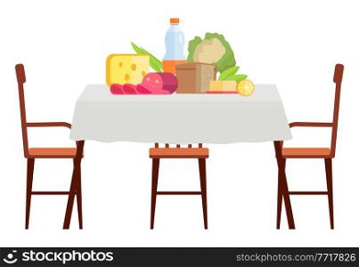 Wooden dining table covered with a table cloth with chairs nearby. Furniture model made of wood for the interior. Arrangement of furniture at home. Table with food isolated on white background. Wooden dining furniture with chairs next to each other. Table with food isolated on white background