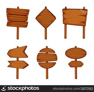 Wooden direction sign isolated on white background. Cartoon vector illustration set. Wooden billboard and signboard, signpost arrow wooden. Wooden direction sign isolated on white background. Cartoon vector illustration set