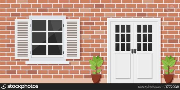 Wooden door and Window on brick house front view, architecture background, building home real estate backdrop. Vector illustration in flat style. Wooden door of house front view