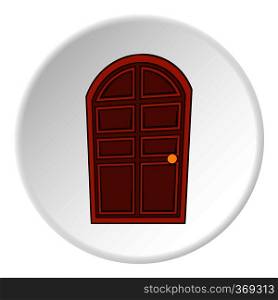 Wooden door icon in cartoon style on white circle background. Interior design symbol vector illustration. Wooden door icon, cartoon style