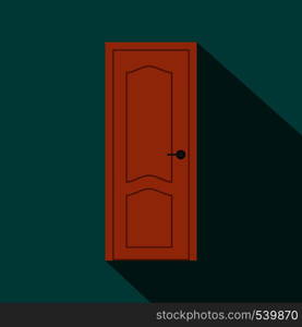 Wooden door icon in flat style on a blue background. Wooden door icon, flat style