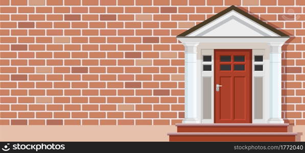 Wooden door of brick house front view, architecture background, building home real estate backdrop. Vector illustration in flat style. Wooden door of house front view