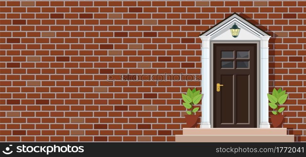 Wooden door of brick house front view, architecture background, building home real estate backdrop. Vector illustration in flat style. Wooden door of house front view