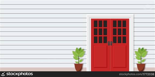 Wooden door of house front view, architecture background, building home real estate backdrop. Vector illustration in flat style. Wooden door of house front view