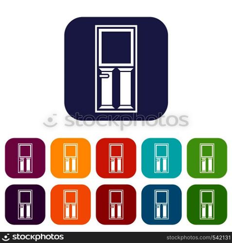 Wooden door with glass icons set vector illustration in flat style in colors red, blue, green, and other. Wooden door with glass icons set