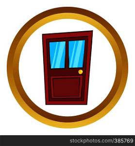 Wooden door with glass vector icon in golden circle, cartoon style isolated on white background. Wooden door with glass vector icon, cartoon style