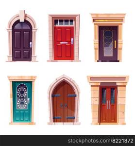Wooden doors, medieval and modern style entries with stone doorjambs, metal handles and slot for mail. Architecture objects, cottage or castle exterior design elements, Cartoon vector illustration set. Wooden doors, medieval and modern entries set