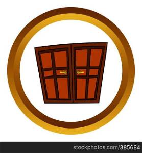 Wooden double doors vector icon in golden circle, cartoon style isolated on white background. Wooden double doors vector icon, cartoon style