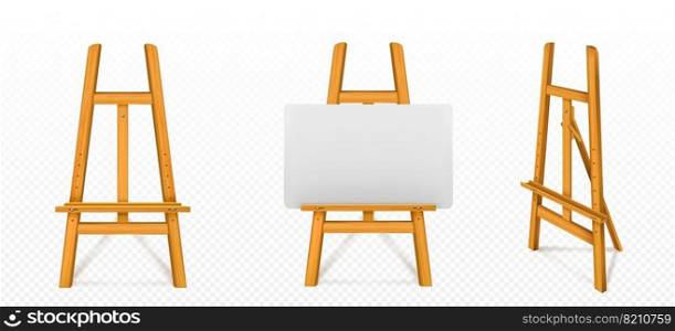 Wooden easel with white canvas in front and angle view. Vector realistic mockup of wood stand for paintings, blank board for drawing art on tripod isolated on transparent background. Vector realistic wooden easel with white canvas