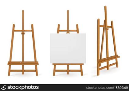 Wooden easels or painting art boards with white canvas front and side view. Artwork blank posters mockup. Wood stands empty and with paper, artist equipment, Realistic 3d vector illustration, set. Wooden easels or painting art boards, white canvas