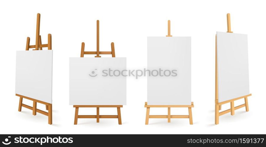 Wooden easels or painting art boards with white canvas front and side view. Artwork blank posters mockup. Wood stands with paper or cloth, artist equipment, Realistic 3d vector illustration, templates. Wooden easels or painting art boards, white canvas