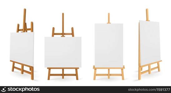 Wooden easels or painting art boards with white canvas front and side view. Artwork blank posters mockup. Wood stands with paper or cloth, artist equipment, Realistic 3d vector illustration, templates. Wooden easels or painting art boards, white canvas