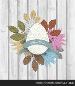 Wooden Easter Grunge Background With Flowers And Egg