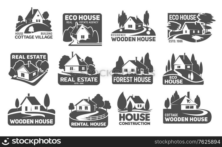 Wooden eco houses, real estate buildings vector icons. Cottage silhouettes with trees and lawn, garden, path or driveway and fence. Emblem or eco design for landscaping service and real estate company. Wooden eco houses, real estate buildings icons