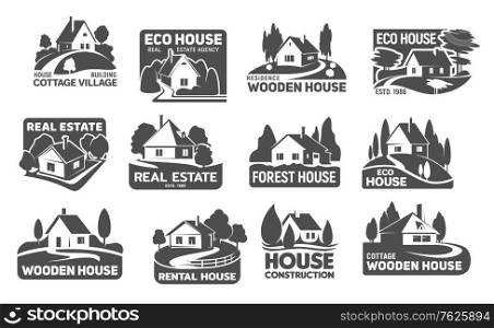 Wooden eco houses, real estate buildings vector icons. Cottage silhouettes with trees and lawn, garden, path or driveway and fence. Emblem or eco design for landscaping service and real estate company. Wooden eco houses, real estate buildings icons