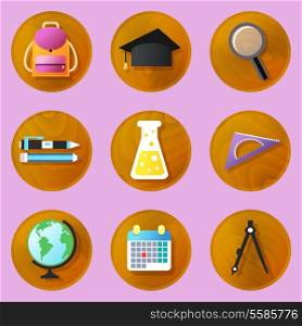 Wooden education icons set of backpack flask graduation hat isolated vector illustration