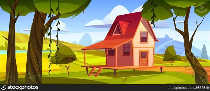 Wooden farm house with agriculture fields and garden. Vector cartoon summer landscape of countryside with green hills, lake, trees and small cottage with porch. Wooden farm house with fields and garden