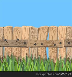 Wooden fence and blue sky. Old wooden planks and green grass. Fence of wooden board stands on green meadow. Fence seamless horizontal pattern.&#xA;
