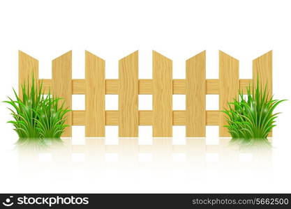 Wooden fence isolated on a white background and green grass. Vector illustration.