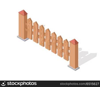 Wooden Fence Isolated on White with Columns.. Wooden fence isolated on white. Gates and fences in flat style design. Isometric projection. Barrier for countryside yard. Wooden fence with columns. Fence made of wood icon. Vector illustration