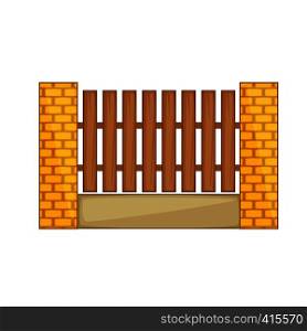 Wooden fence with brick pillars icon. Cartoon illustration of wooden fence with brick pillars vector icon for web. Wooden fence with brick pillars icon cartoon style