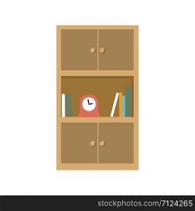 Wooden flat cupboard with books on the shelf and a clock, flat vector illustration