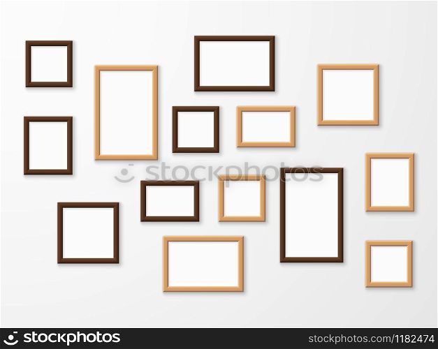 Wooden frame. Wood blank picture frames in different sizes on wall. Museum gallery mockup design, advertising painting image templates collage vector set. Wooden frame. Wood blank picture frames in different sizes on wall. Museum gallery mockup design, advertising image templates vector set