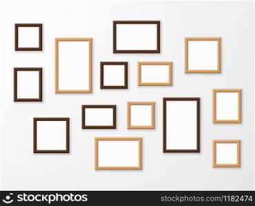 Wooden frame. Wood blank picture frames in different sizes on wall. Museum gallery mockup design, advertising painting image templates collage vector set. Wooden frame. Wood blank picture frames in different sizes on wall. Museum gallery mockup design, advertising image templates vector set