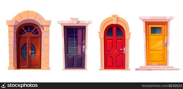 Wooden front doors with stone frame isolated on white background. Vector cartoon set of house entrance, red, brown and yellow closed doors with knobs and windows for building facade. Wooden front doors with stone frame
