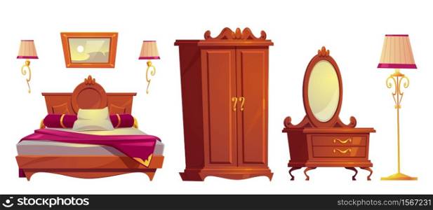 Wooden furniture for old luxury bedroom isolated on white background. Vector cartoon set of vintage bed with pink cover, wardrobe, golden lamps and dressing table with mirror. Vector cartoon wooden furniture for luxury bedroom
