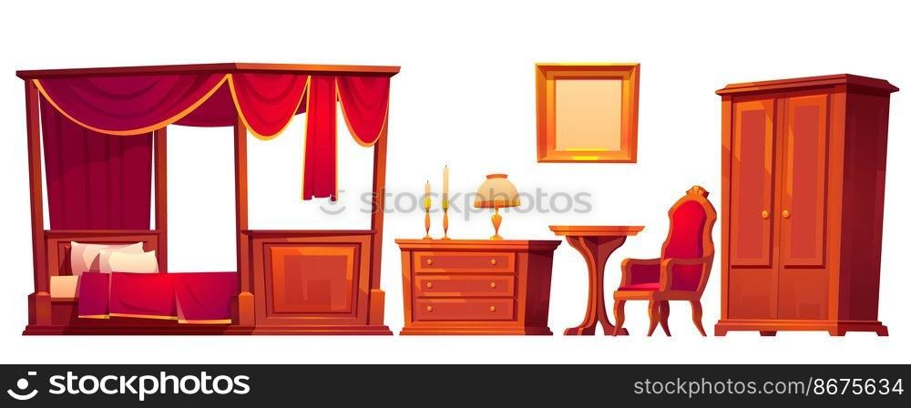Wooden furniture for old luxury bedroom isolated on white background. Vector cartoon set of vintage canopy bed, nightstand, wardrobe, chair and mirror in golden frame. Wooden furniture for old luxury bedroom