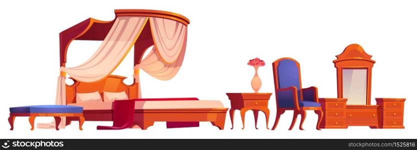 Wooden furniture for old victorian bedroom isolated on white background. Vector cartoon set of vintage canopy bed, nightstand, bench seat, chair and mirror on dressing table. Wooden furniture for old victorian bedroom