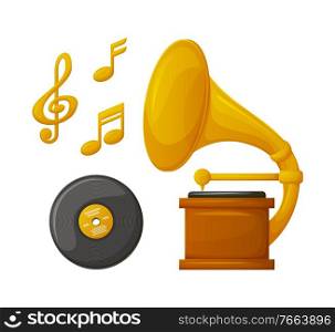 Wooden gramophone with golden trumpet, vinyl record and music vector. Glossy phonograph and sound signs on white, disc and needle, old audio player. Wooden Gramophone, Plate and Golden Music Vector